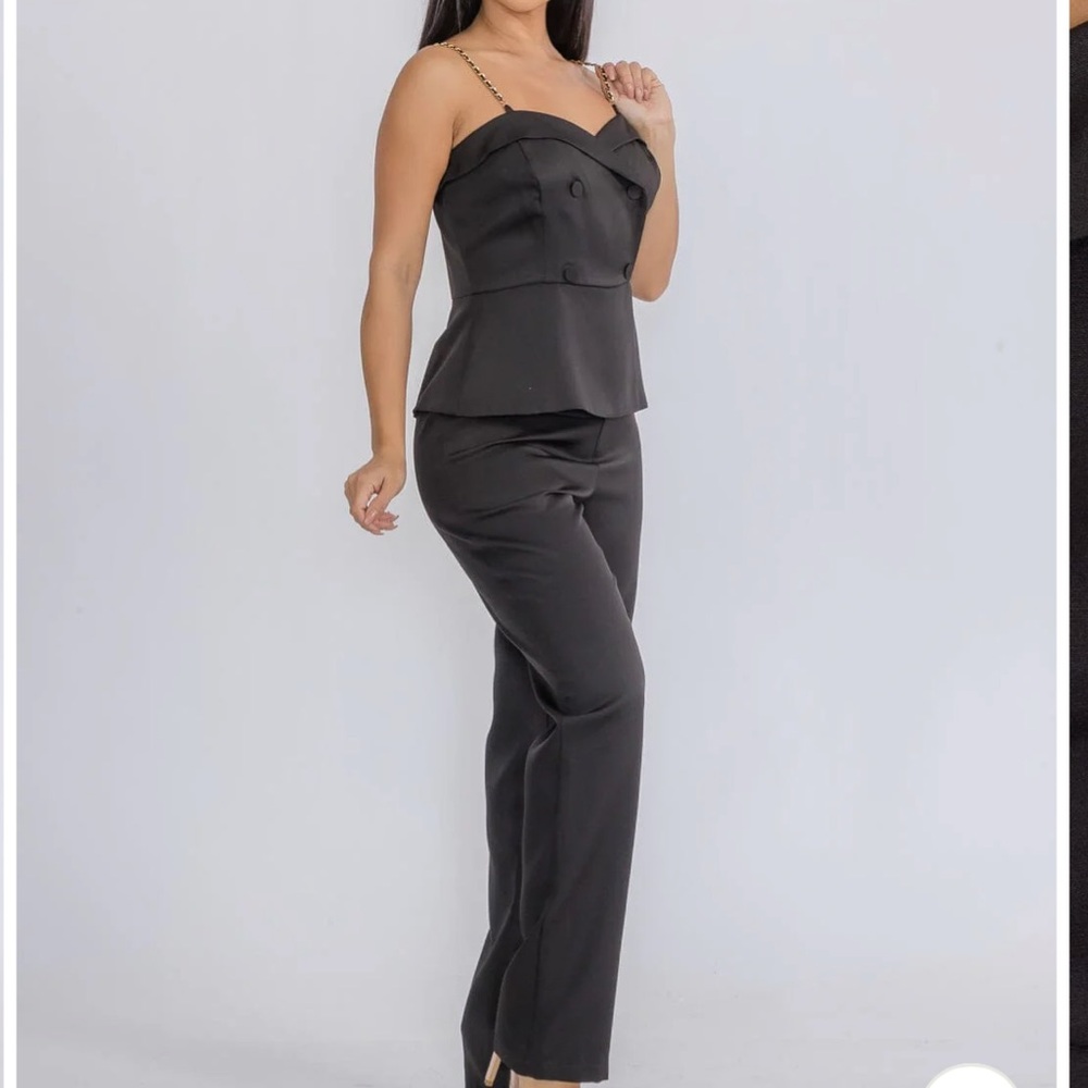 Elegant Black Off Jumpsuit w/ GOLD Chain Detail